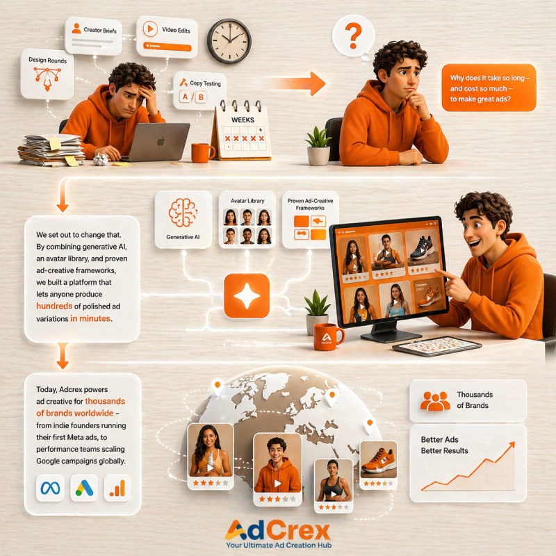 AdCrex AI ad creation dashboard on tablet with ad preview and publish option